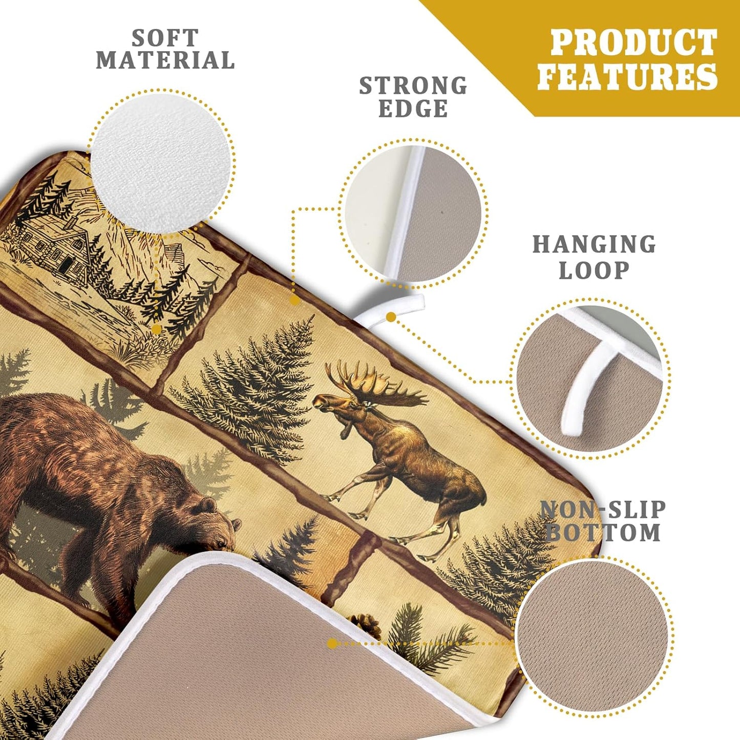 Vintage Bear Moose Dish Drying Mat 16x18 Inch Country Cabin Absorbent Dish Draining Mat Heat Resistant Drying Pad for Counter Sink Home