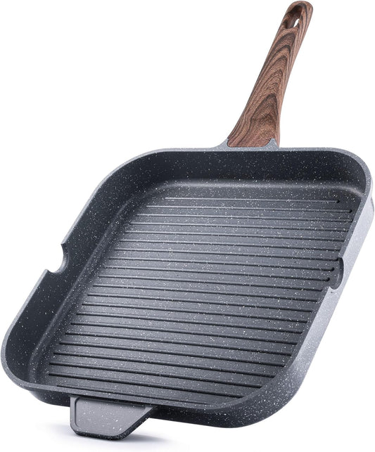 SENSARTE Nonstick Grill Pan for Stove Tops, Versatile Griddle with Pour Spouts, Square Big Cooking Surface, Durable Skillet Indoor & Outdoor Grilling. PFOA Free,12Inch