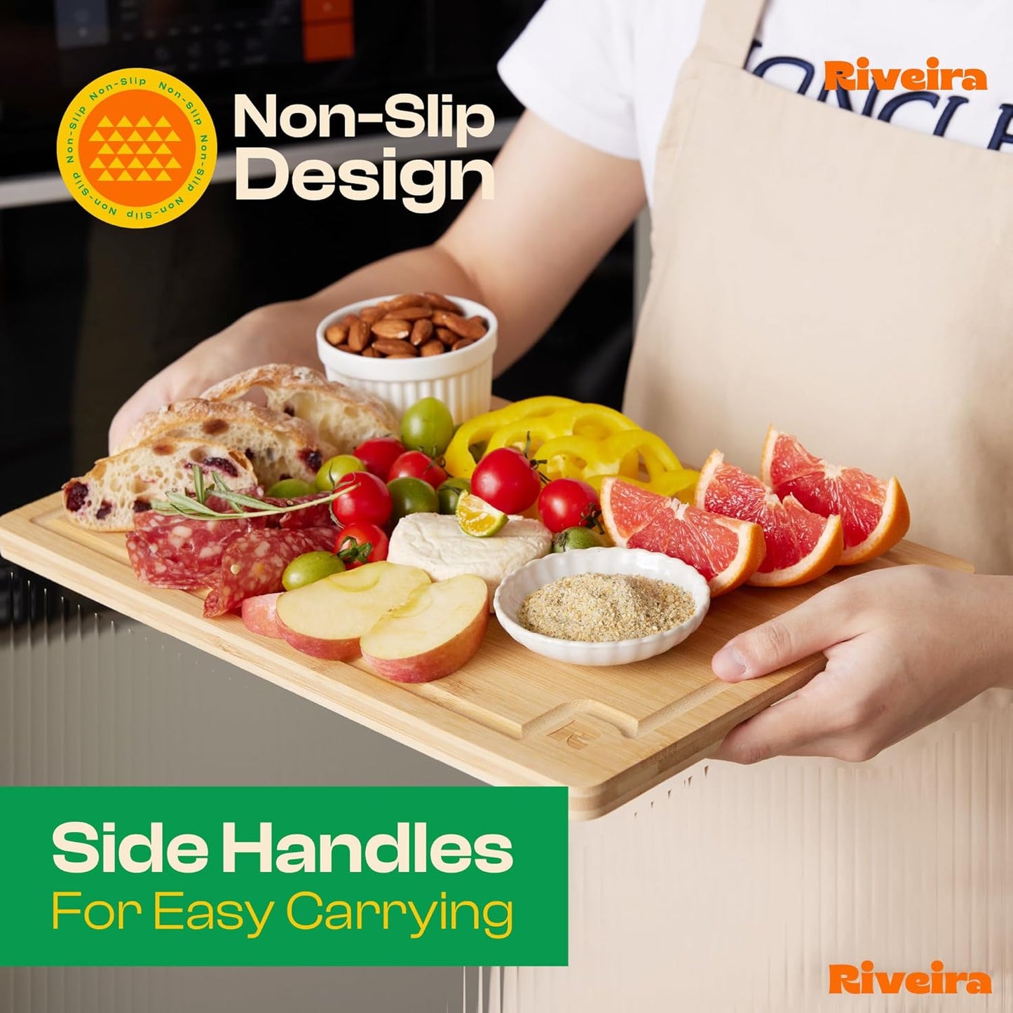 Riveira Brown Bamboo Wood Cutting Board – Gourmet Bamboo Grandeur: 8 x 8 Wooden Cutting Board – Wooden Cutting Boards For Kitchen Decorative – Innovative Juice Grooves Wooden Chopping Board