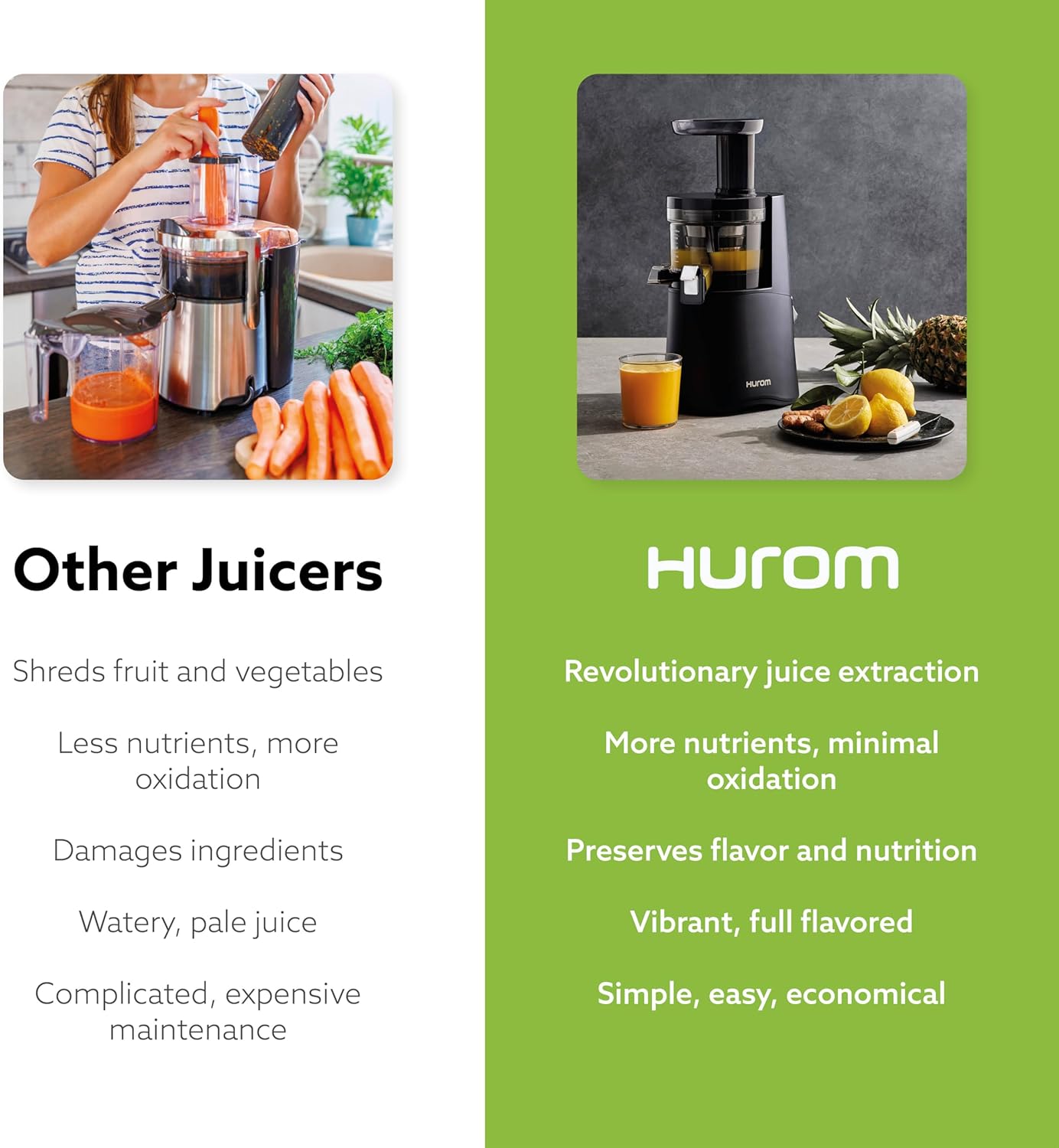 Hurom H-AA Slow Juicer, White | High Yield | Quiet 150 Watt Motor | BPA Free | 500ml (16.9oz) Chamber | Slow Squeeze | Quick & Easy Assembly | Cold Press Masticating Juicer
