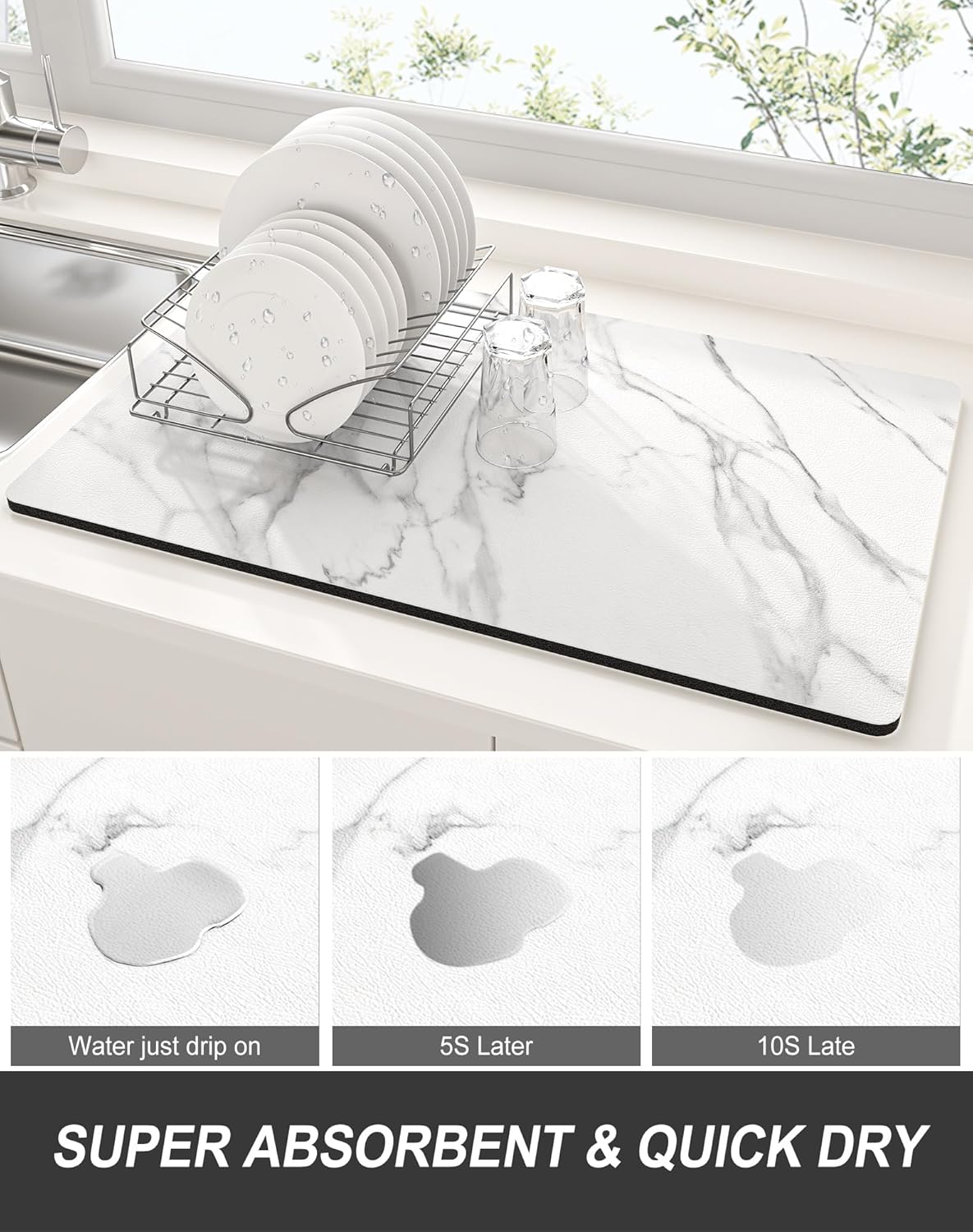 Rnivvi Dish Drying Mat for Kitchen Counter, 12 x 19" Cute Marble Super Absorbent Draining Pad, Non-Slip Heat Resistant Coffee Bar Mats for Coffee Machine Station Accessories, White Dish Rack Pad