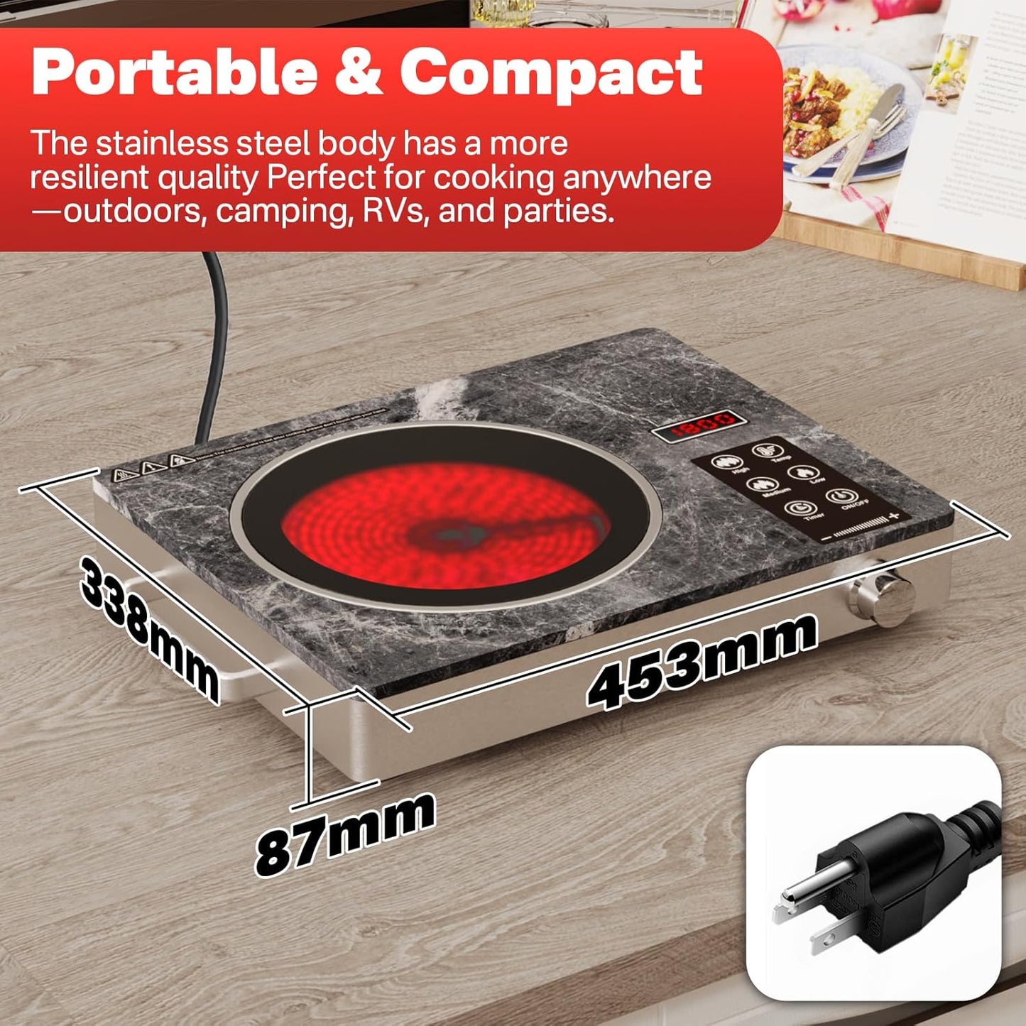 1800W Electric Infrared Stove, Single Burner Electric Cooktop, Portable Countertop Burner for Cooking, Plug in Kitchen Hot Plate, Temperature Adjustable Compact Hob Camping Stoves