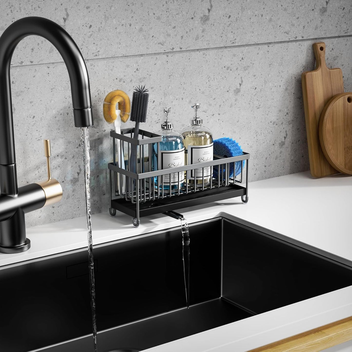 Moforoco Extra Large Sponge Holder for Kitchen Sink Organizer Caddy, Dish Brush Scrubber Holder,Stainless Steel Sink Box Utensil Holder,Soap Dispenser Set Tray Counter Accessories(Grey)