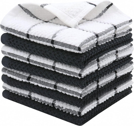 Cotton Grid Dish Cloths, Terry Cleaning Rags, 12 x 12 Inches, Light and Soft, Quick Drying Dish Rags, 8pc/Set (Black Multi)