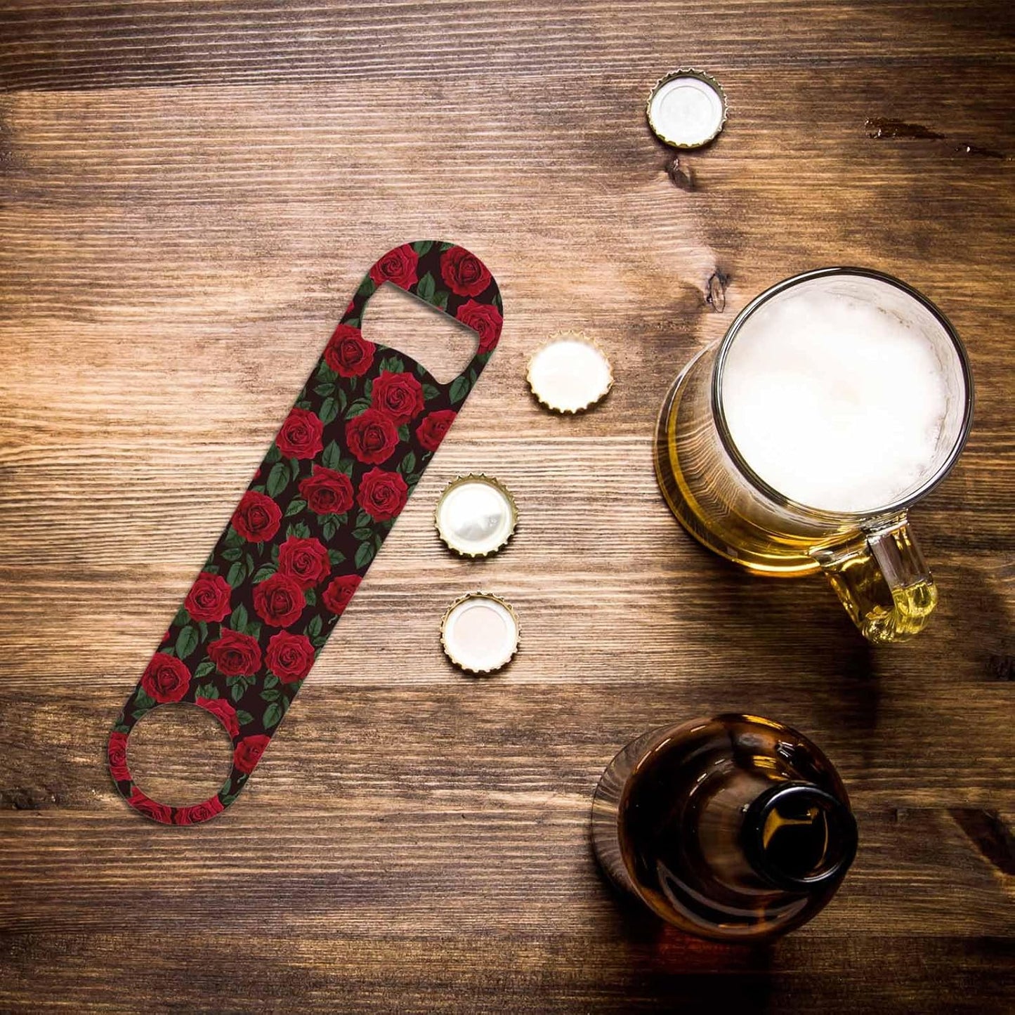 Red Rose Stainless Steel Bottle Opener Flower Art Romantic Floral Petal Blossom Green Leaf Valentine Mother's Day Flat Beer Bottle Opener Keychain for Home Kitchen Bar Restaurant Party Gift