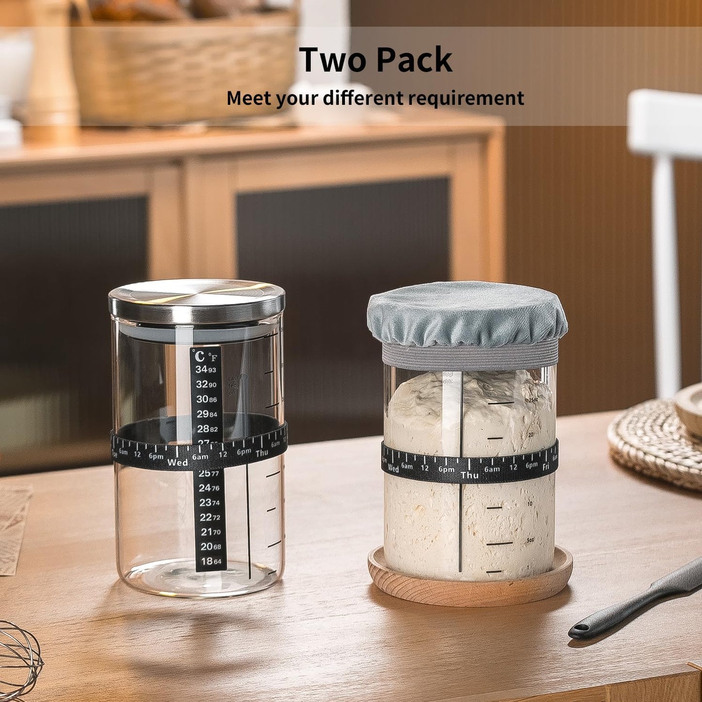 Wissy&Konny Sourdough Starter Jar,2PACK 35OZ Wide Mouth with Ounce Scale line,Date Marked Feeding Band, Thermometer, Sourdough Jar Scraper, Cloth Cover & Stainless Steel Lid Sourdough Starter Kit
