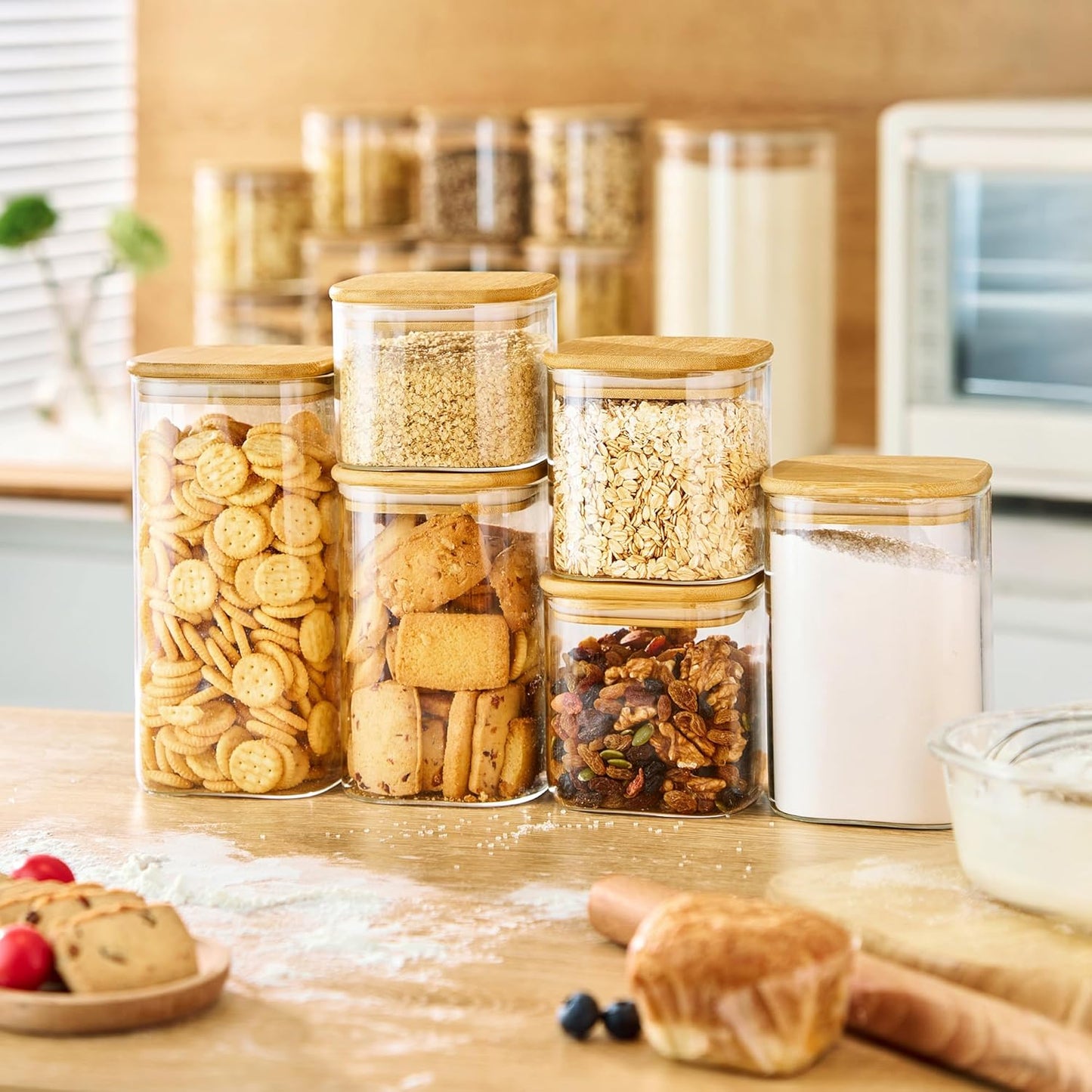 Multi Size - 5 Pack Square Glass Jars with Bamboo Lids, Glass Food Storage Containers with Airtight Lids for Kitchen, Air Tight Pantry Storage Containers for Cereal, Pasta, Rice, Sugar, Coffee, Spice