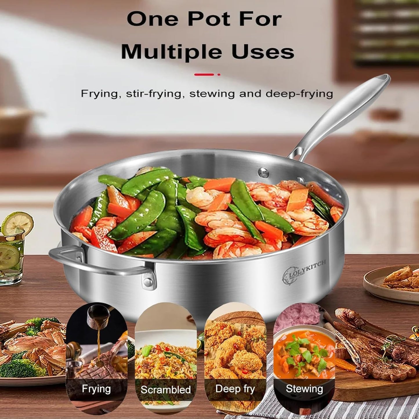 LOLYKITCH 8-10 Inch Tri-ply Stainless Steel Fry Pans and 6 QT Sauté Pan with Lid,Induction Cookware Set,Dishwasher and Oven Safe,Detachable Handle