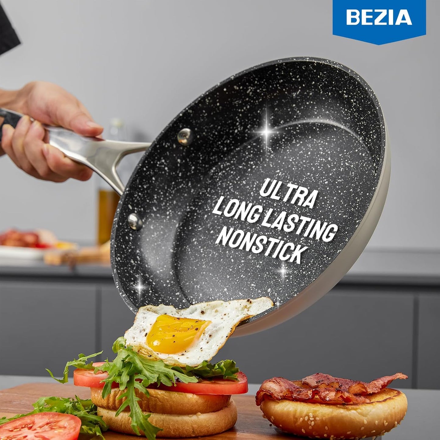 Induction Cookware Nonstick, BEZIA Pots and Pans Set for Induction Cooktop, Compatible with All Stoves, Dishwasher Safe Kitchen Cooking Pan Set with Frying Pans, Saucepans & Stockpot, 10-Piece (Grey)