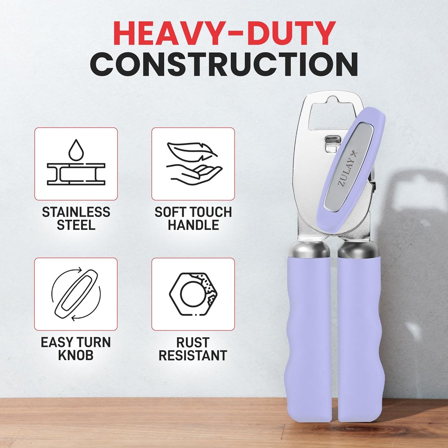 Zulay Kitchen Heavy Duty Stainless Steel Can Opener Manual with Bottle Opener - Rust Proof Manual Can Opener With Turn Knob & Comfy Soft Grip Handles - Periwinkle