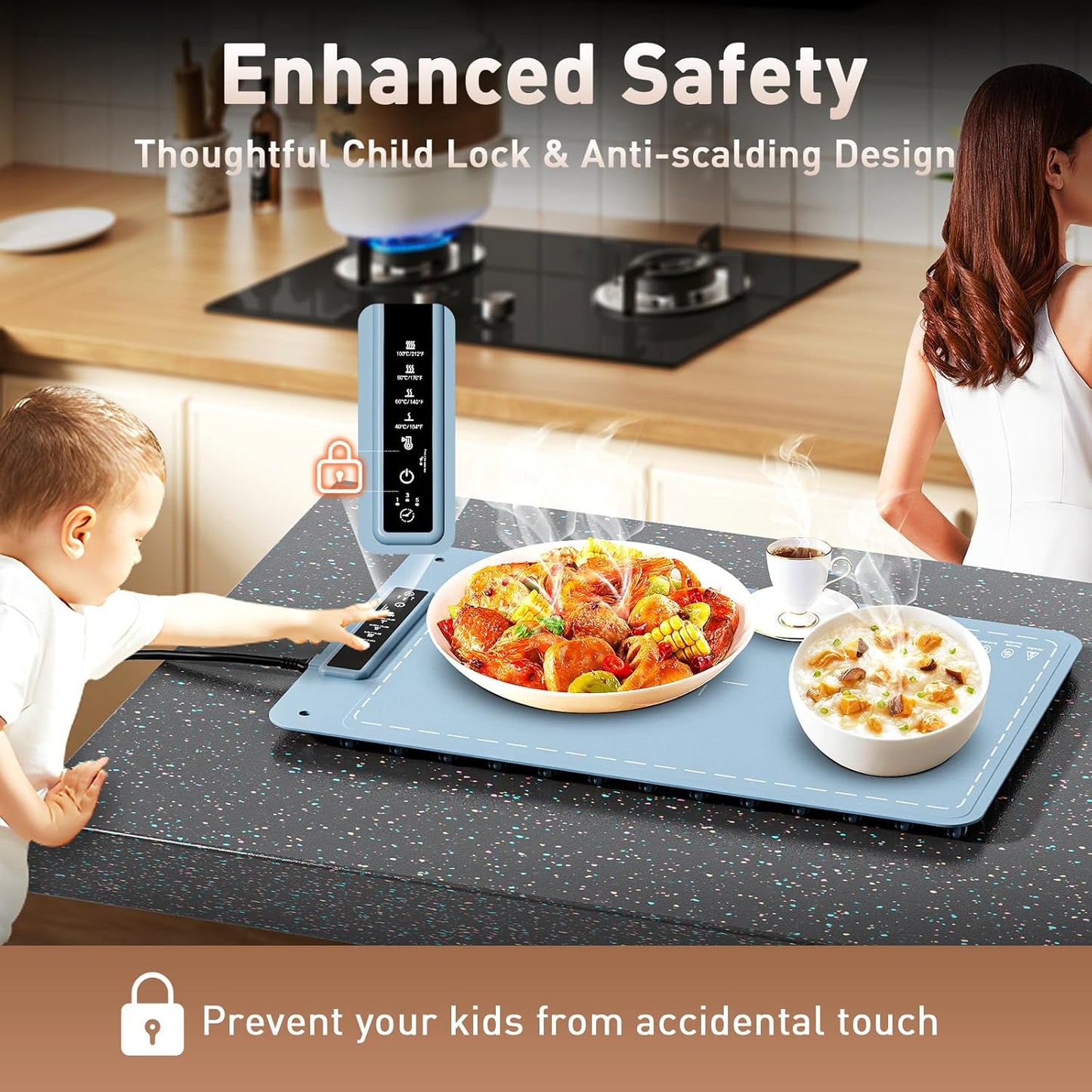 Food Warming Mat, 10S Rapid Heating Warming Mat for Food, Upgraded Heating Tech Food Warmer Mat with 4 Adjustable Temperature & Timer, Full Surface Electric Warming Trays for Buffets Parties Family