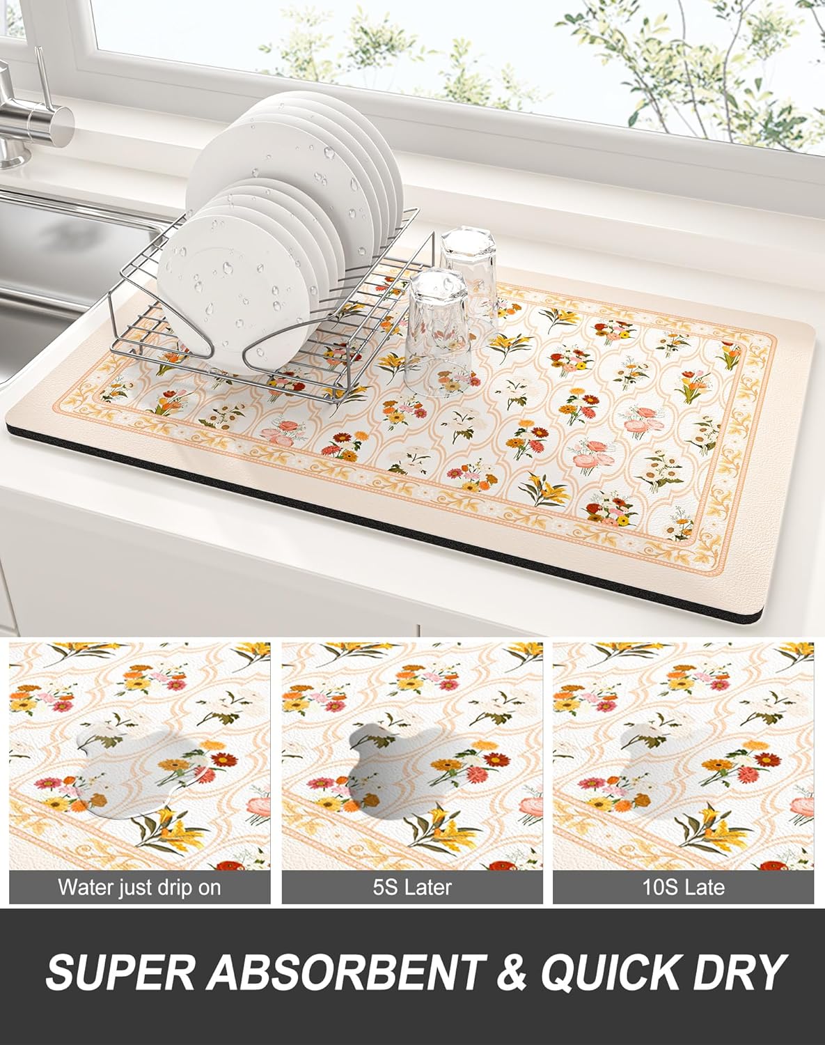 Rnivvi Dish Drying Mat for Kitchen Counter, XL 15 x 24" Cute Flower Theme Absorbent Draining Pad, Non-Slip Heat Resistant Coffee Bar Mat for Coffee Machine Station Accessories, Beige Dish Rack Pad