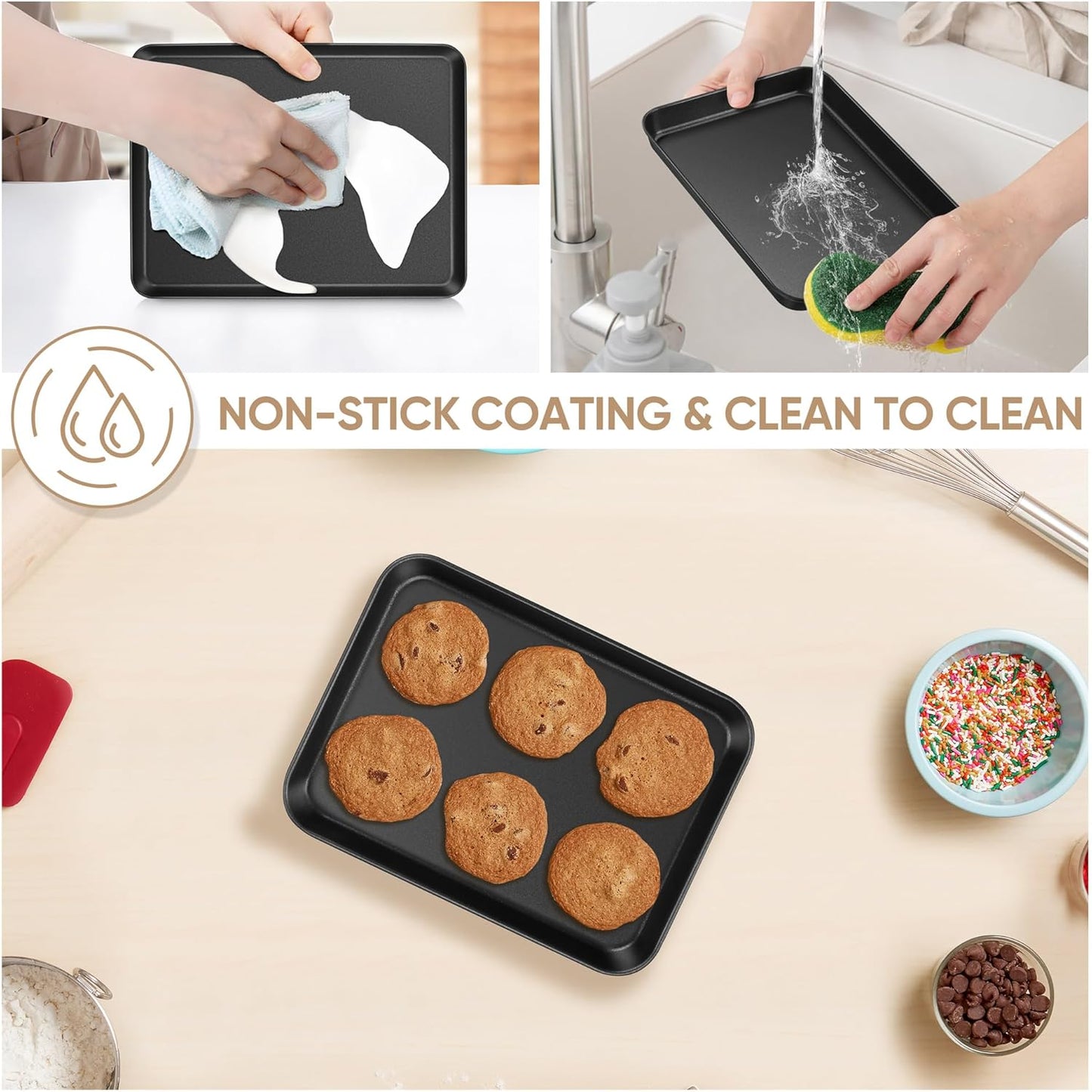 E-far Baking Sheet Set of 2, 9" x 7" x 1" Small Cookie Sheet Pan for Baking, Nonstick Carbon Steel Baking Trays for Toaster Oven, Heat-Resistant & Easy Clean, Black
