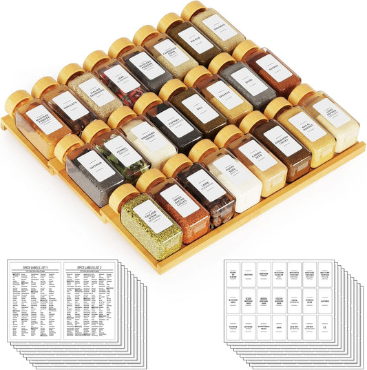SpaceAid Bamboo Spice Drawer Organizer with 24 Spice Jars, 378 White Minimalist Spice Labels, 3 Tier Seasoning Rack Tray Insert for Kitchen Drawers, 15" Wide x 15" Deep x 2.6" Tall