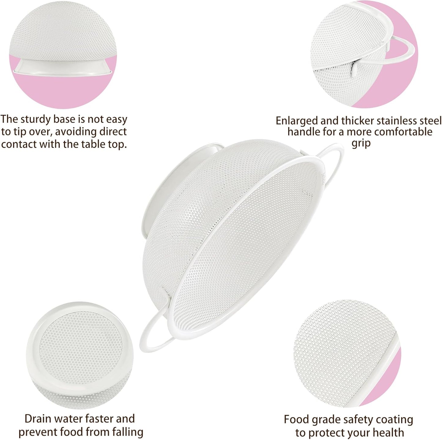 Stainless Steel Colander 3 Piece,Metal Strainer Basket with Solid Base and Handles for Kitchen Food,Pasta, Noodles, Vegetables and Fruits,Powder Coated,BPA Free,Dishwasher Safe,2 & 3 & 4.5 Qt (Cream)