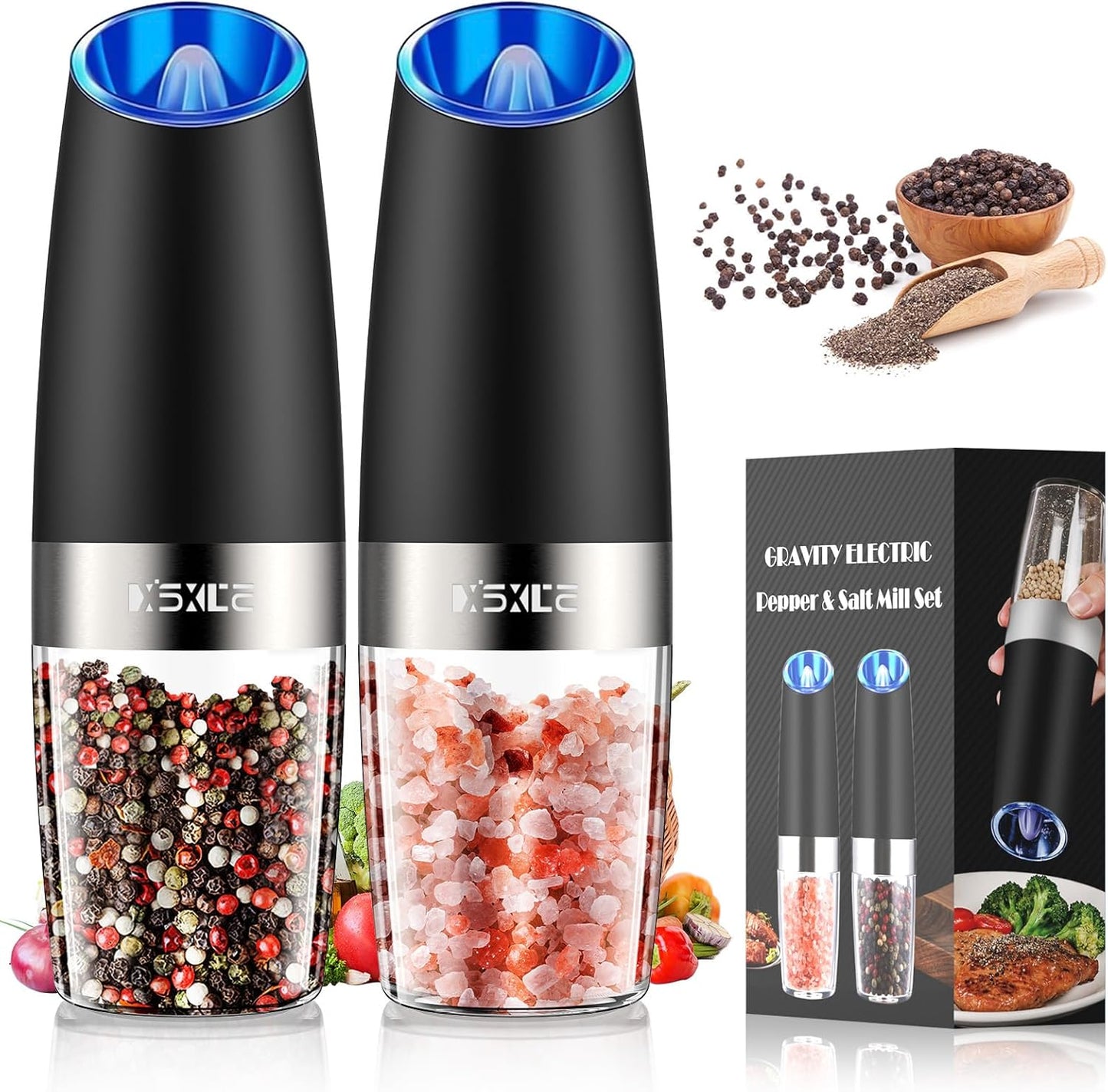 XinXu Gravity Electric Pepper and Salt Grinder Set, Adjustable Coarseness, with LED Light, One Hand Automatic Operation (Set/Black L)