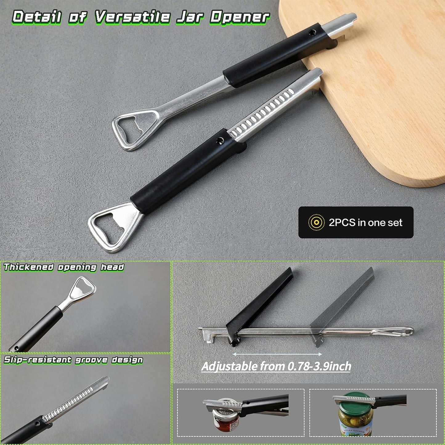 Jar Opener - 2 in 1 Adjustable Stainless Steel Jar Opener for Seniors with Arthritis - Lid Opener and Bottle Opener set with Jar Opener Gripper Pad