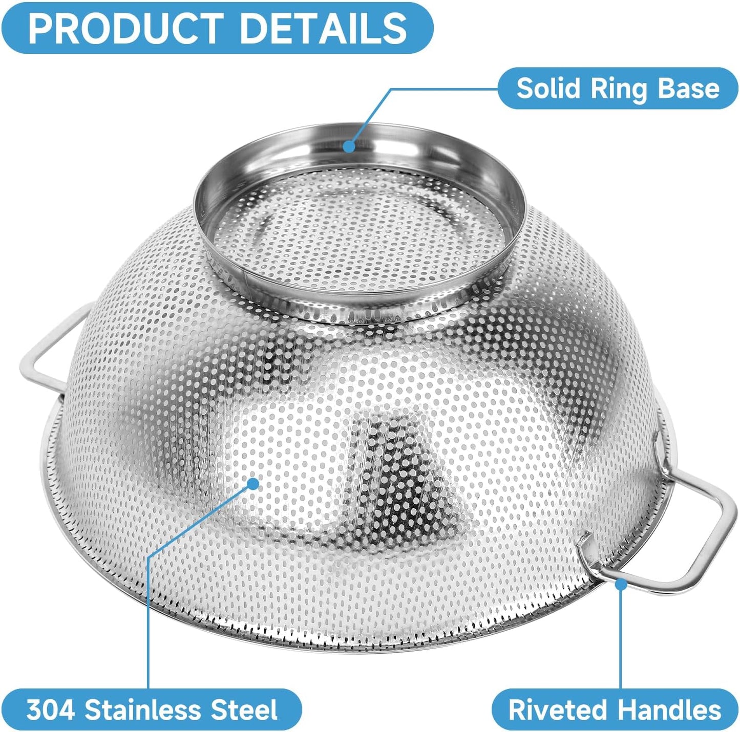Colander for Kitchen, 4QT, Stainless Steel Colander Strainer with Handle for Fruits Vegetables Cooking Food, Dishwasher Safe
