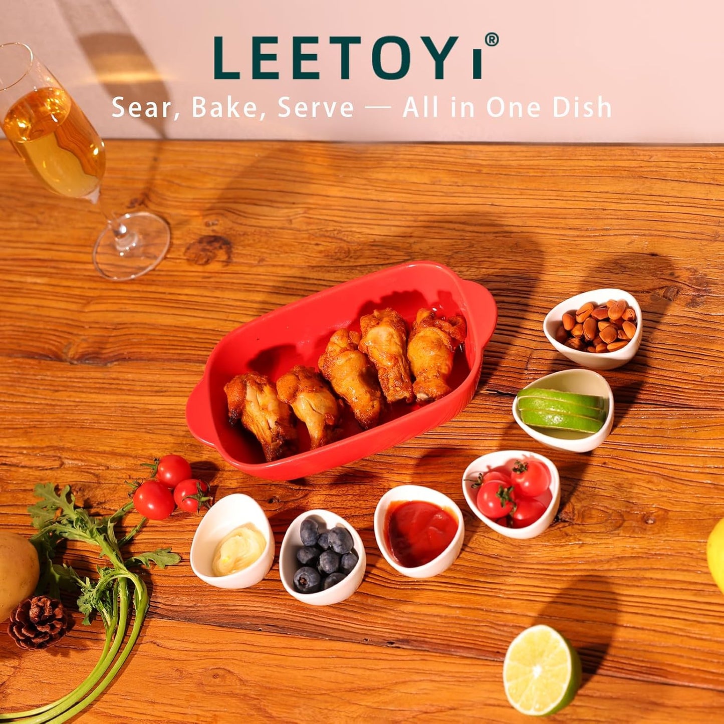 LEETOYI Ceramic Small Baking Dish, Porcelain 2-Piece Rectangular Bakeware with Double Handle, Baking Pans for Cooking and Cake Dinner 7.5"×5 (Red)