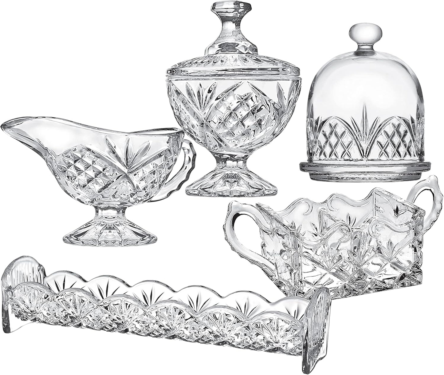 Godinger Serving Hostess Set - Butter Dish, Sugar and Creamer, Packet Holder, Cracker Tray - 5 Piece Set, Dublin Collection