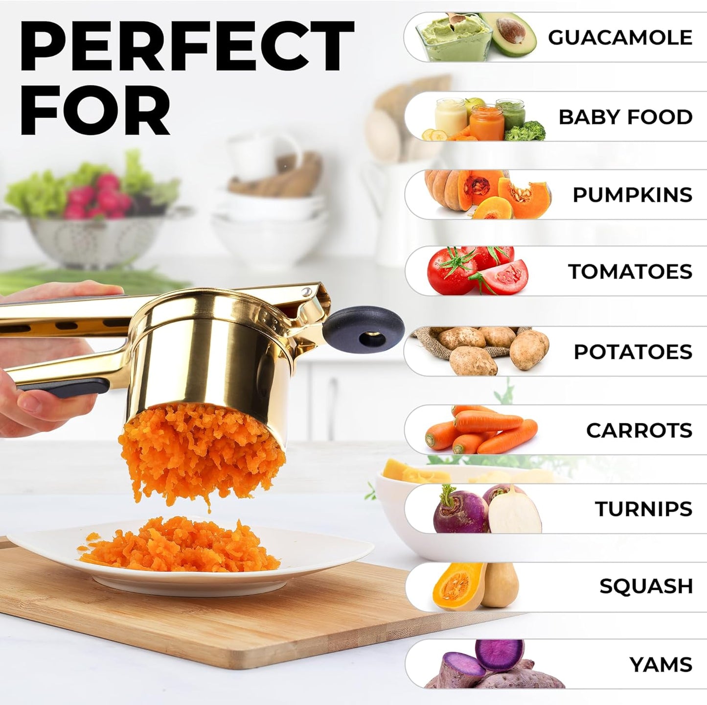 Zulay Kitchen Premium Large 15oz Potato Ricer, Heavy Duty Professional Stainless Steel Potato Masher and Ricer Kitchen Tool, Press and Mash Kitchen Gadget - Gold/Black