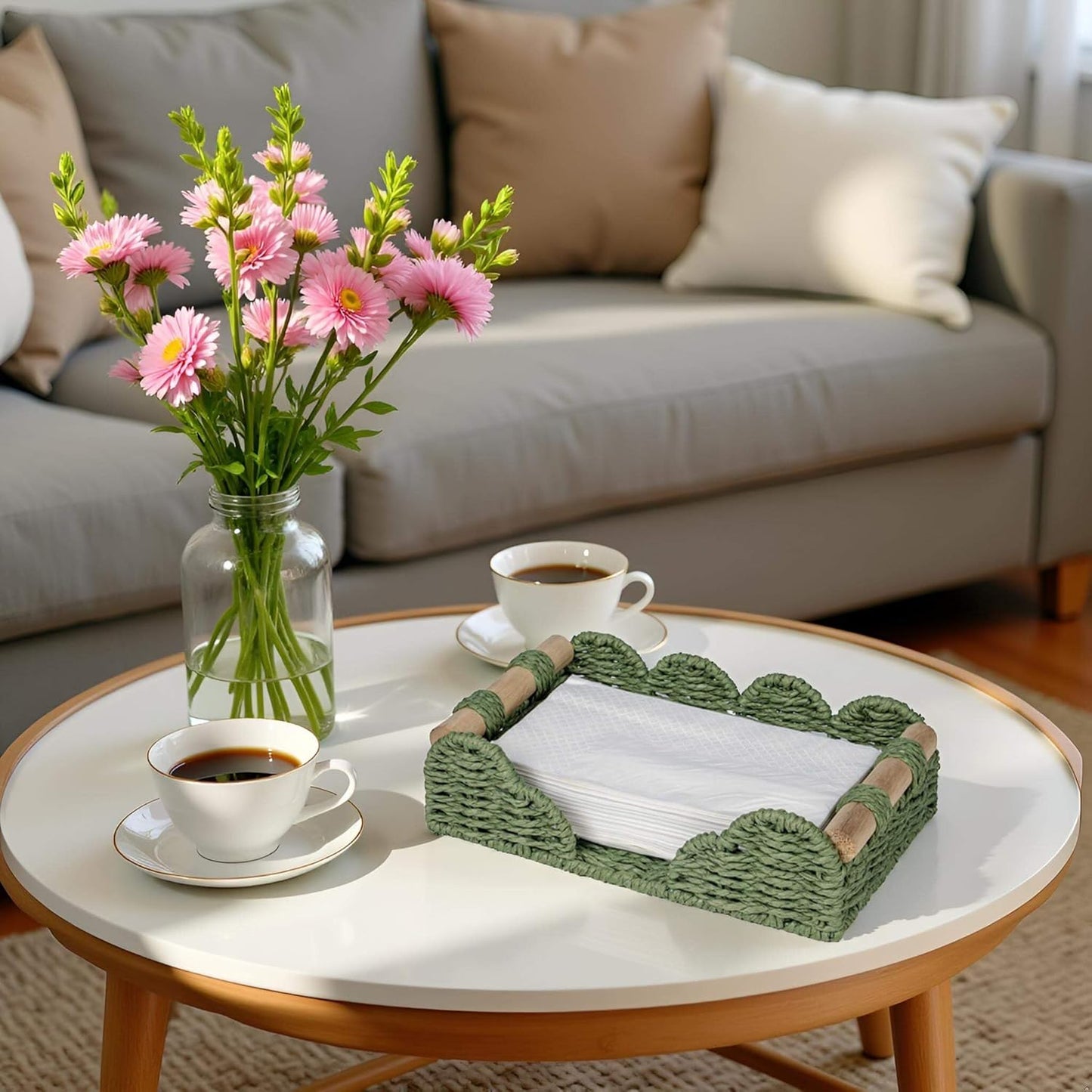 CubesLand Scalloped Napkin Holder for Bathroom Decor, Paper Rope Flat Napkin Dispenser Guest Towel Tray for Bathroom, Farmhouse Warm Napkin Holder for Table Dining Room Home Kitchen Decor, Green