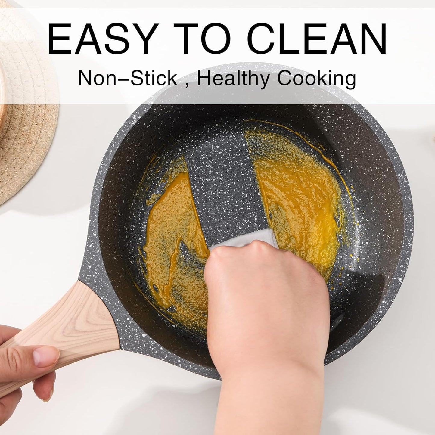 Sauce Pan Set with Lid, 1.5QT & 2.5QT Non Stick Small Pots with Granite Coating, Saucepan with Pour Spout, Multipurpose Induction Cooking Pans, PFOA/PFOS Free