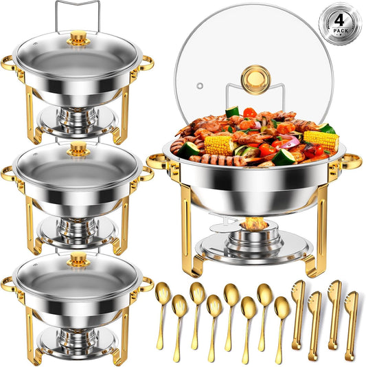 Round Chafing Dishes for Buffet 5 Qt,High Grade Chafing Dish Buffet Set, Full Size Pan,Rolled-Edge Design Food Warmers for Parties,Buffet,Wedding,Birthday,Camping 4 PACK (Half Gold-Glass)