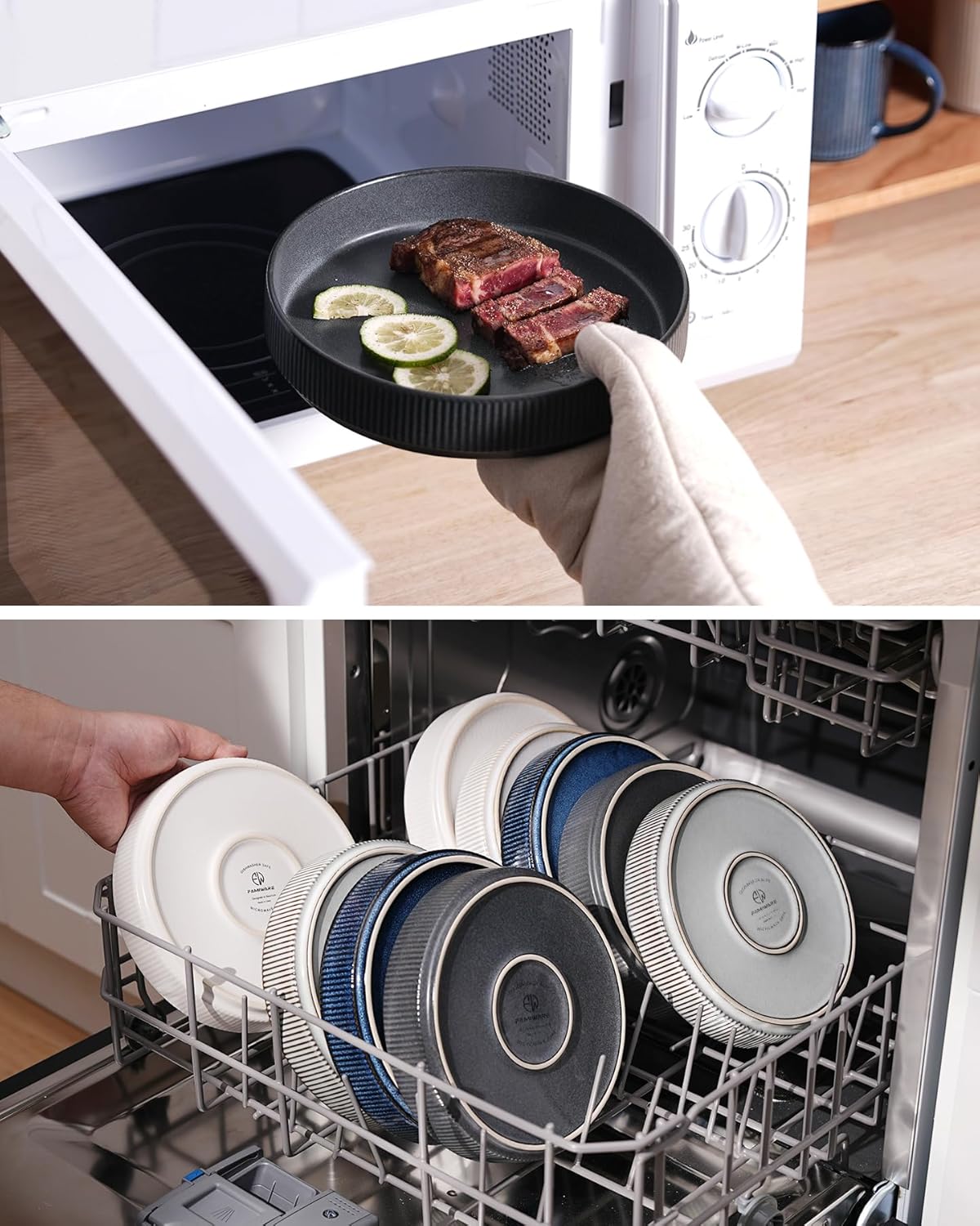 famiware Star 7.5" Pasta Bowls Set, Salad Bowl Set of 6, Double Reactive Glaze, Stackable, Perfect for Your Friend for Housewarming, Thanksgiving, Christmas, Matte Dark Charcoal (Full Glaze)