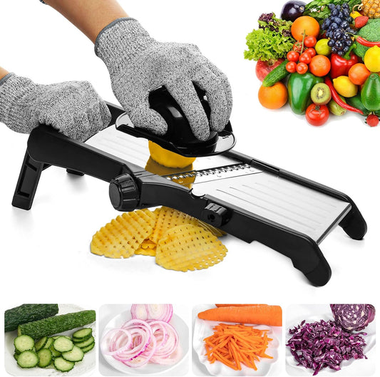 VEKAYA Mandoline Slicer for Kitchen, Stainless Steel Professional Vegetable Slicer with Adjustable Thickness, Ultra Sharp Blades, Safety Gloves & Food Holder, Ideal for Potatoes, Onions, Cucumbers