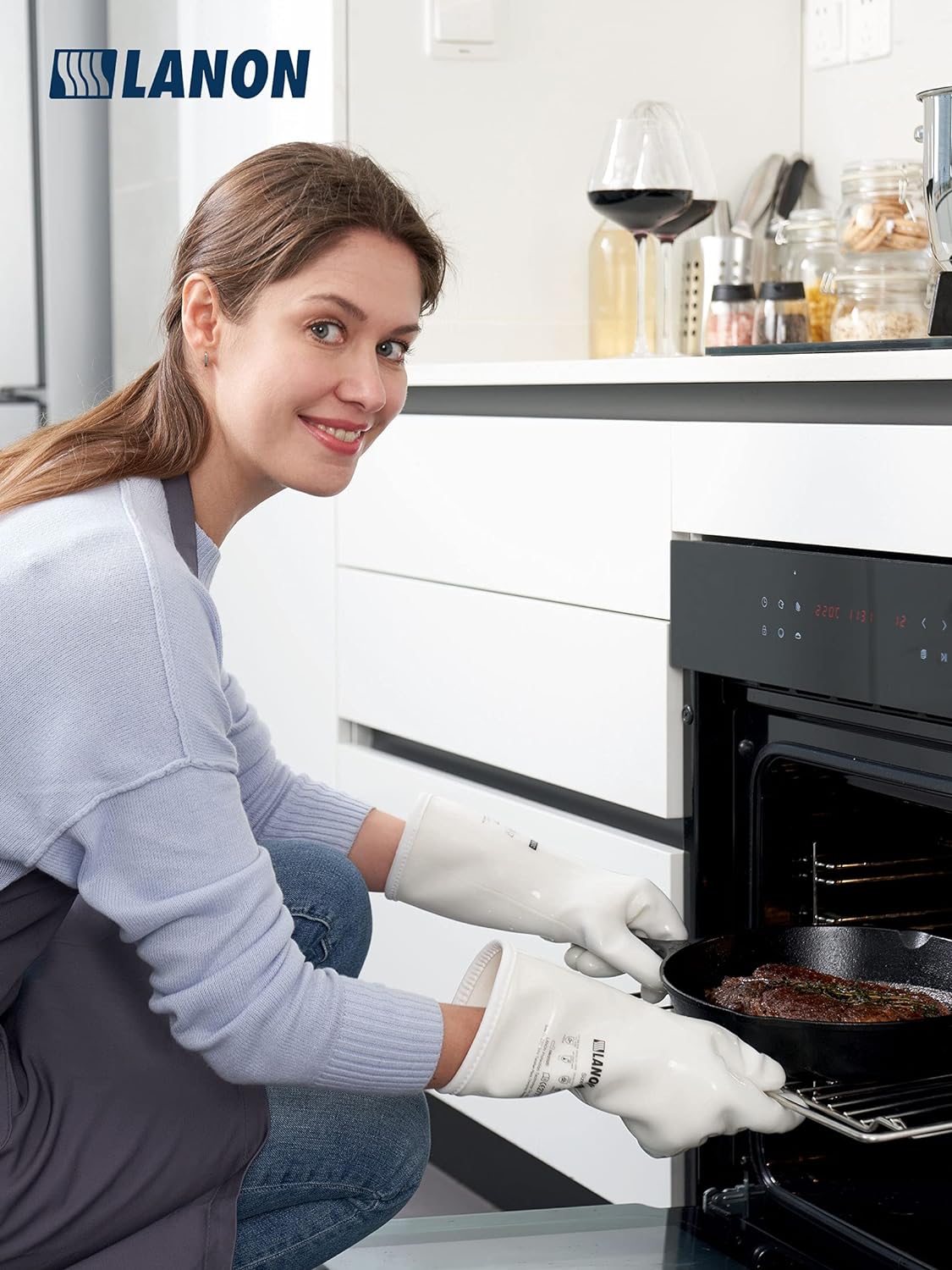 LANON Liquid Silicone Gloves, Heat Resistant Oven Gloves with Fingers, Food Grade, Waterproof, White, XL