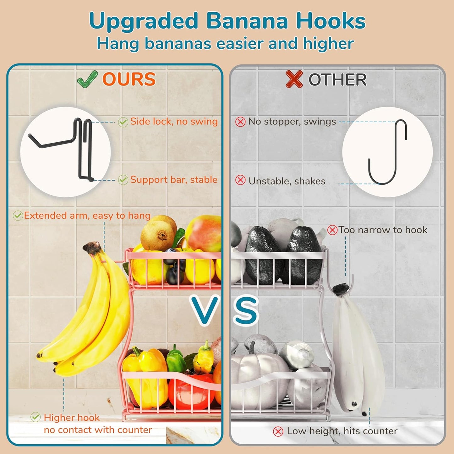 Large 2-Tier Fruit Basket for Kitchen Counter with 2 Banana Hangers – Metal Fruit Bowl for Onion, Vegetable, Snacks, Breads Storage – Countertop Organizer – Pink