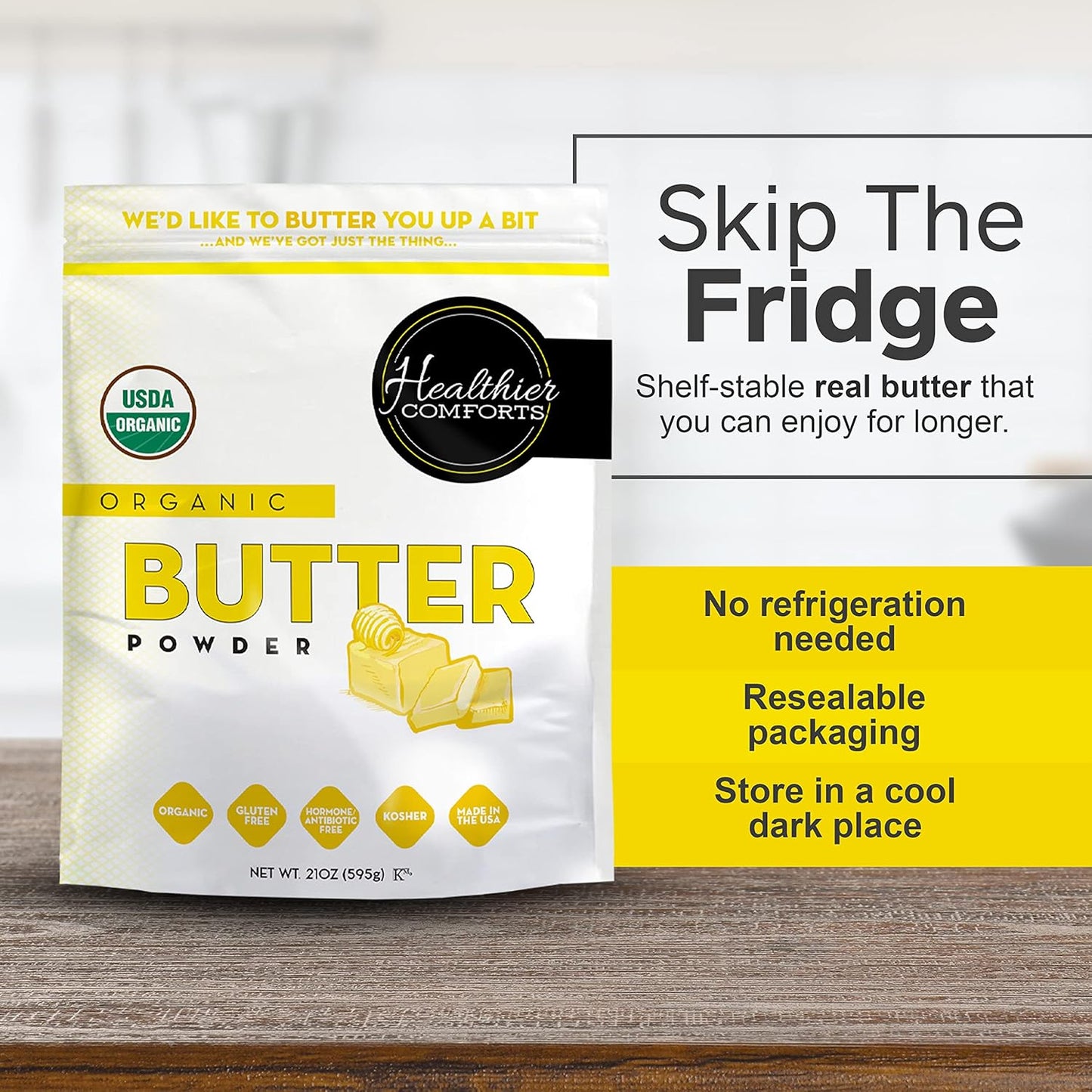 Healthier Comforts Organic Butter Powder | USDA Certified Organic Dehydrated Unsalted Butter | Kosher, Gluten Free, Non-GMO | Popcorn, Baking, Seasoning 21oz