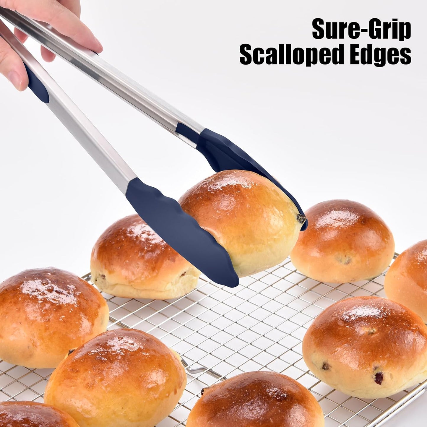 Doosu Kitchen Tongs for Cooking - 600°F Heat Resistant Food Tong Set with Non-Scratch Silicone Tips, Heavy Duty Stainless Steel Locking Tong for BBQ, Grilling Steak, Serving (7+9+12in, Navy Blue)