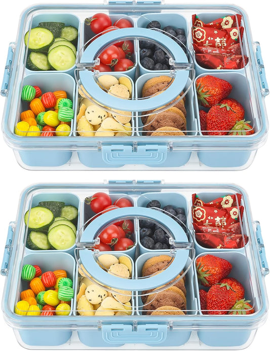 shopwithgreen 2Pcs Snackle Box Container, Divided Serving Tray with Lid and Handle, Snack Box Container Food Platter Charcuterie for Party, Veggies, Snack, Fruit, Nuts, Entertaining, Picnic,Blue