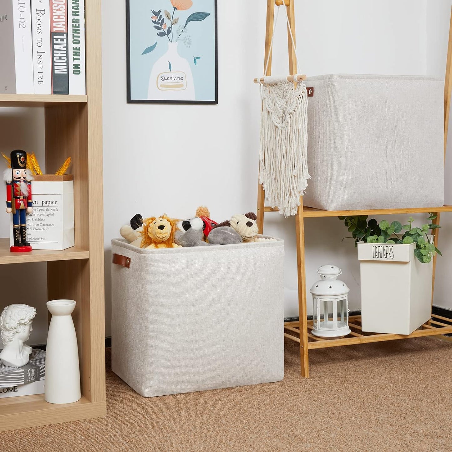 HNZIGE Collapsible Canvas Linen Storage Basket, Set of 2, Large Fabric Cloth Baskets, Rectangular Shelf Baskets with Leather Handles, Organizing Storage Baskets for Storage Closet, Home, Office(Gream)