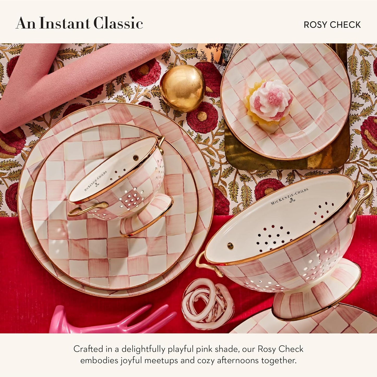 MACKENZIE-CHILDS Enamel Serving Platter, Decorative Serving Platter for Food, 16 Inches, Rosy Check