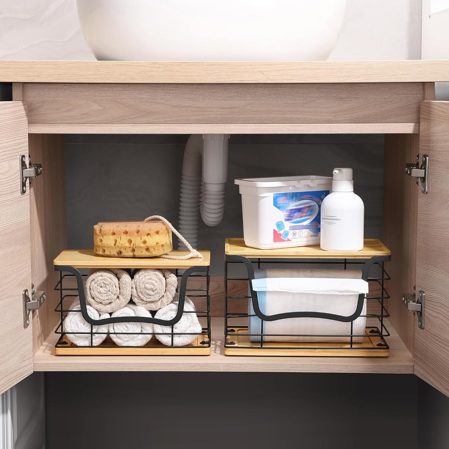 Trash Bag Dispenser Holder for Kitchen 2 Pack Laundry Room Trash Bag Holder Wall Mount Garbage Bag Dispenser Stainless Steel Roll Holder with Bamboo Top for Countertop, Under Sink