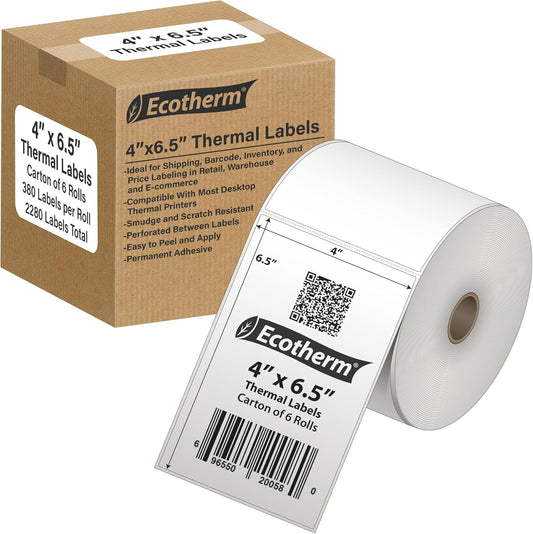 4" x 6.5" Thermal Labels | 6 Rolls | 2280 Labels | fits Zebra, Munbyn, Rollo, Godex, Arkscan, iDPRT, Offnova Thermal Label Printers and More | Blank White Adhesive Stickers by Ecotherm
