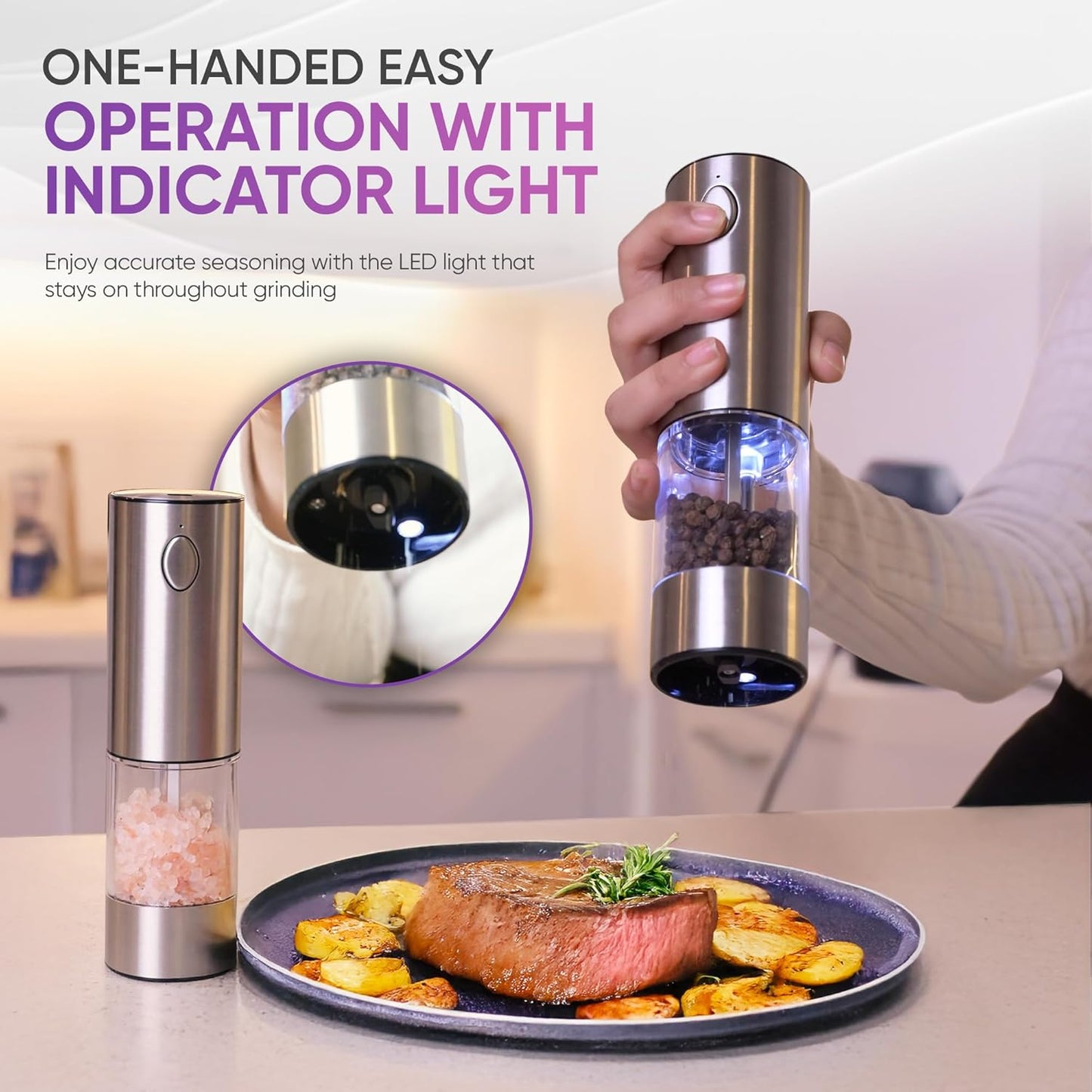 Electric Salt and Pepper Grinder Set-Rechargeable USB Large Capacity Stainless Steel Mills with Ceramic Core, LED Light, Adjustable Coarseness, One-Handed Operation -Set of 2