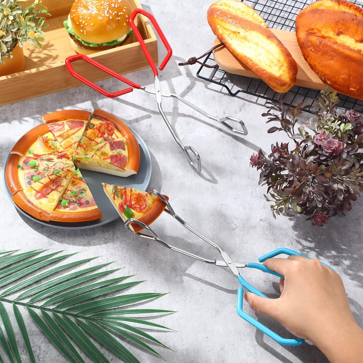 2 Pieces 10.6 Inch Stainless Steel Kitchen Scissor Tongs Heavy Duty Cooking Tongs, with Comfortable Red Blue Handle for Cooking Barbecue Food, Dishwasher Safe