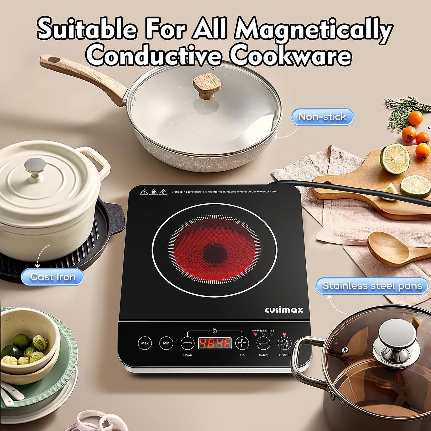 CUSIMAX Induction Cooktop,1800W Portable Induction Burner with Sensor Touch,Kids Safety Lock,10 Temperature and 9 Power Setting induction hot plate with Timer