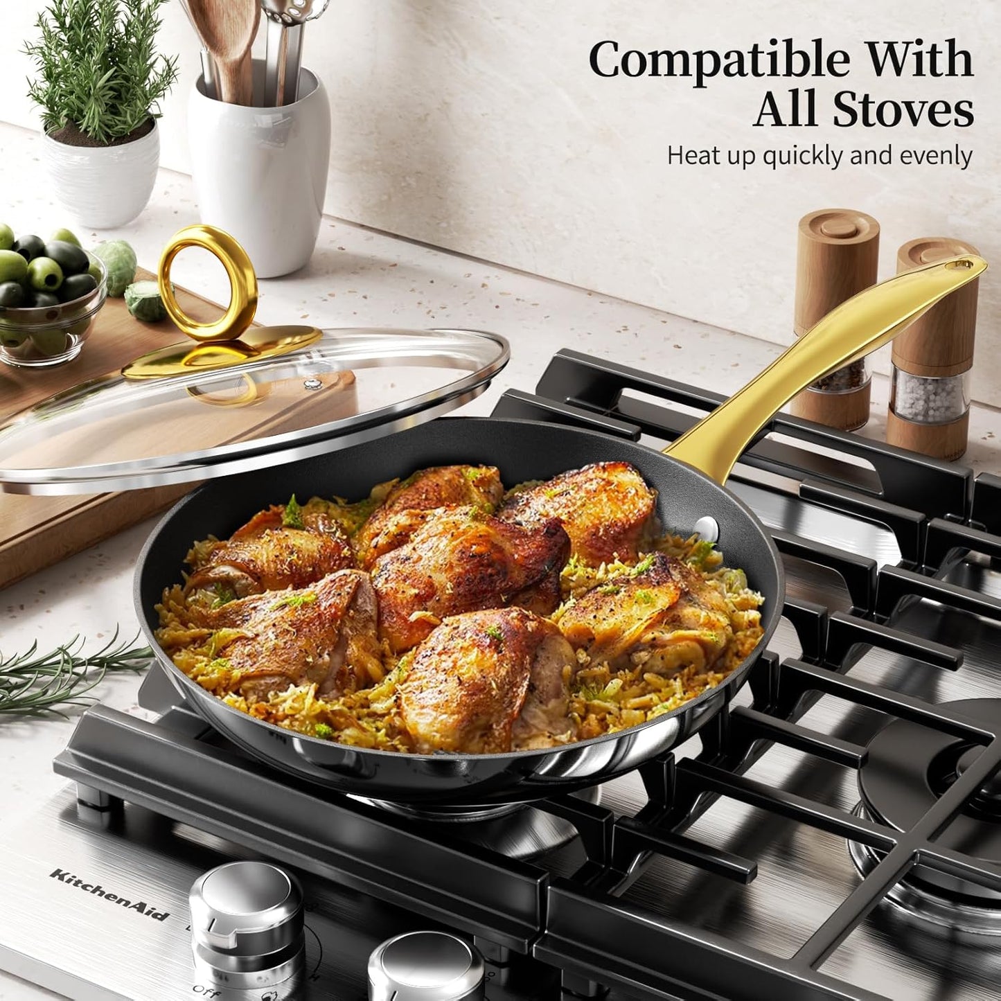 Frying Pan Set with Lids - Cast Iron Skillet Set with Lids, Honeycomb Frying Pan Nonstick, Lightweight Non Stick Cookware Set, Induction Skillet Set Egg Omelet Frying Pan W/Stay Cool Handle, PFOA Free