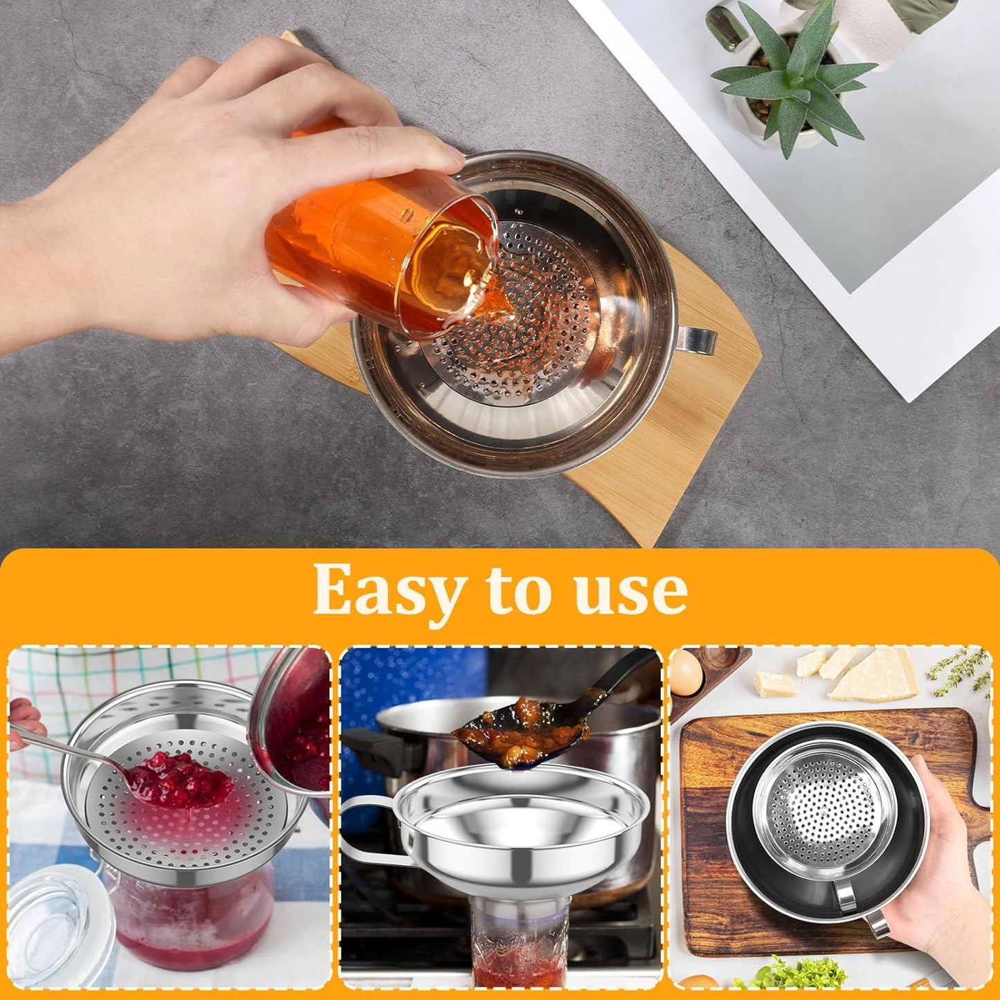 6 Pcs Canning Funnel with Strainer Stainless Steel Canning Multifunctional Wide Mouth Kitchen Stackable Mason Jar Funnel for Filling Bottles