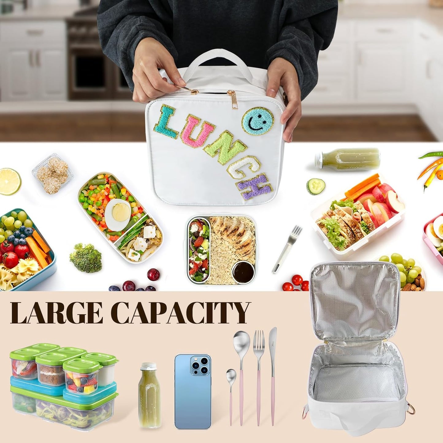 Insulated Lunch Bag With Adjustable Shoulder Strap, Nylon Preppy Lunch Box Large Insulated Lunch Bag Reusable Lunch Tote Bag with Smiley Preppy LunchBag for Girls School Travel Picnic (White)