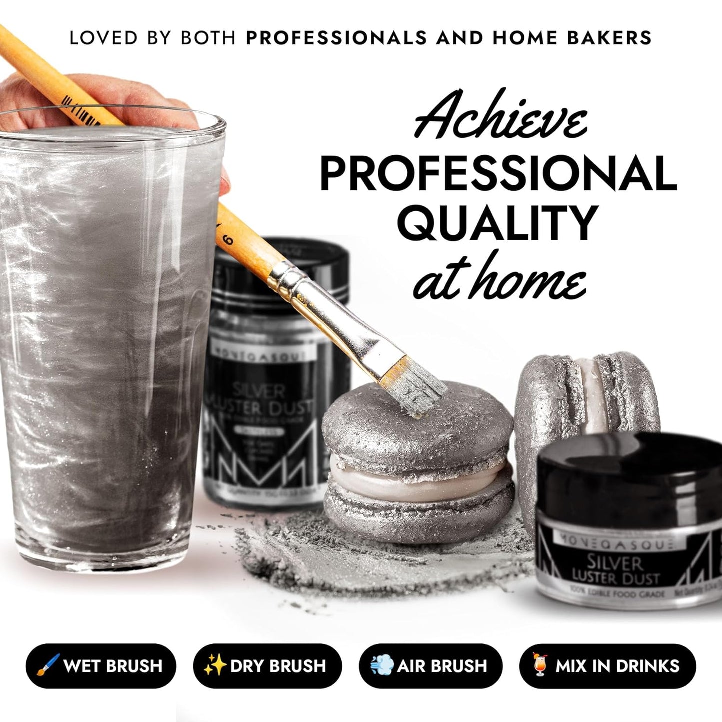 MONÉGASQUE Silver Edible Glitter for Drinks 15g – Edible Glitter for Cakes & Cocktails - Halloween Drink Decorations Shimmer - Silver Luster Dust for Cocktail, Cake Decorating, Food Decorations Spray