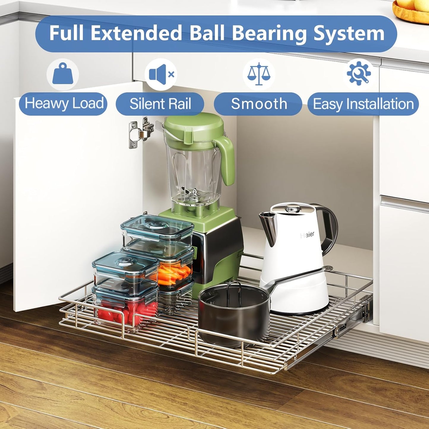 ROOMTEC Pull Out Cabinet Organizer, Cabinet Pull Out Shelves 30" W x 21½" D, Heavy Duty Cabinet Drawers Slide Out Kitchen Cabinet Organizers Storage Shelf