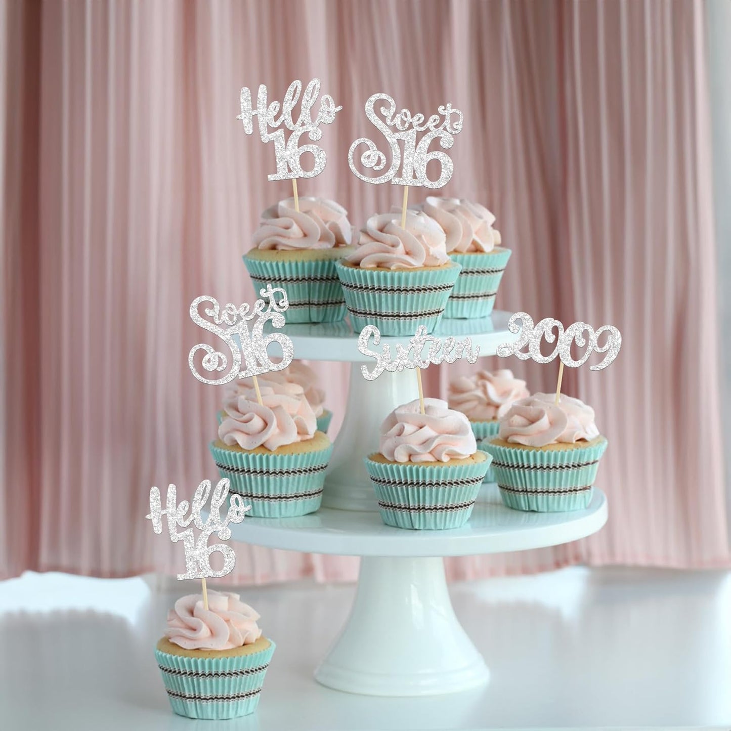 Gyufise 24Pcs 16th Birthday Cupcake Toppers Silver Glitter Hello 16 Sweet 16 Cupcake Picks 2009 16th Birthday Cake Decorations for Celebrating 16th Birthday Anniversary Party Supplies