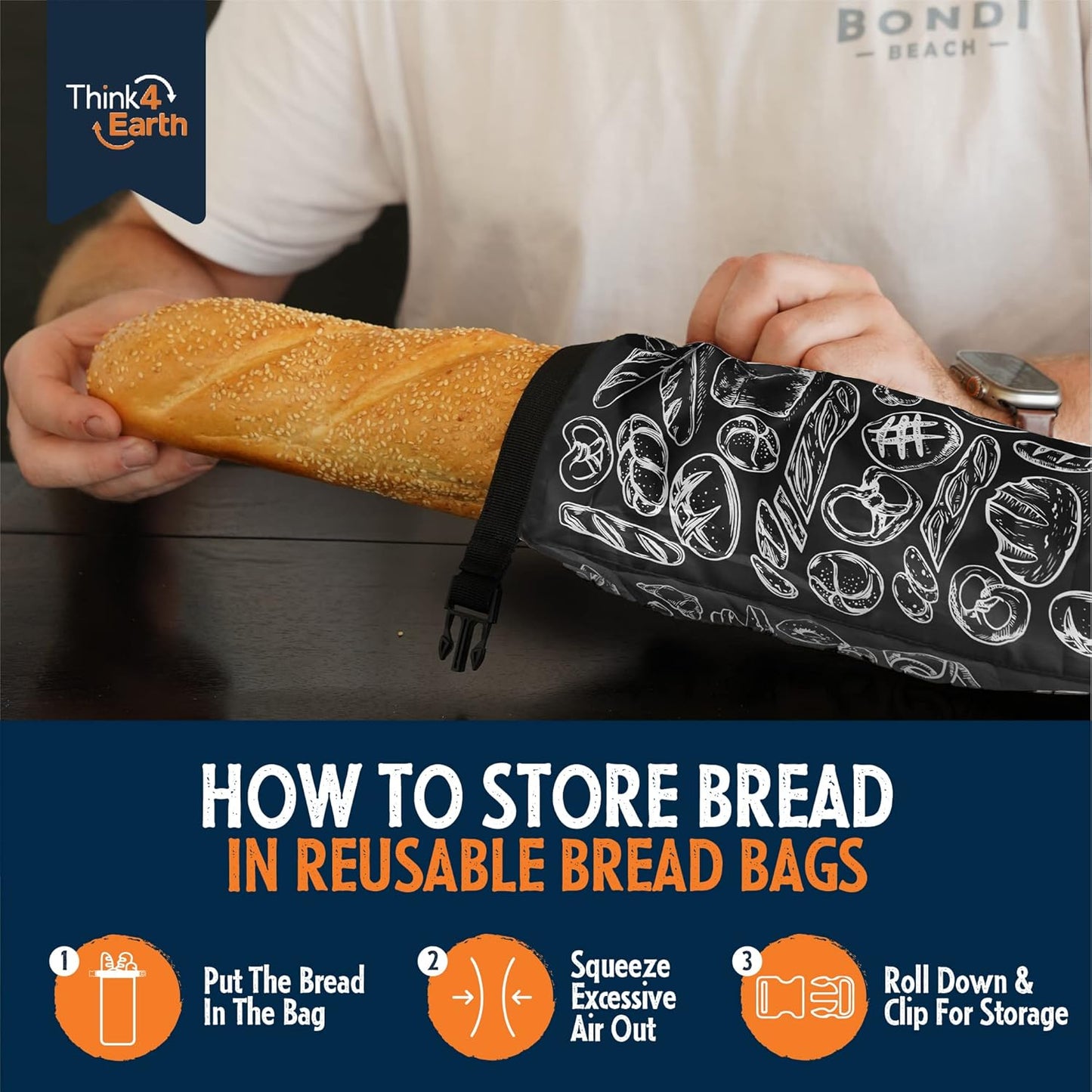 THINK4EARTH® - Large Bread and Baguette Bags (Black, Baguette Bag 2 Pack)