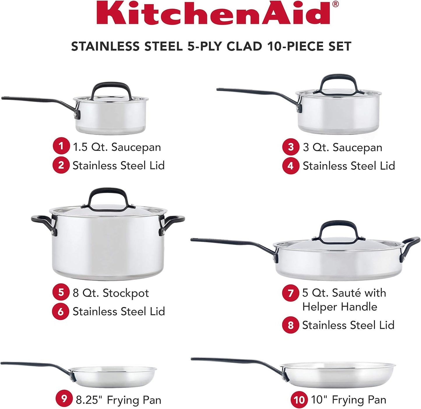 KitchenAid 5-Ply Clad Stainless Steel Cookware Pots and Pans Set, 10 Piece, Polished Stainless